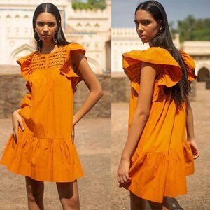 NEW Scarlett Poppies Belted Origami Yoke Tiered Ishrant Mini Dress Orange XS